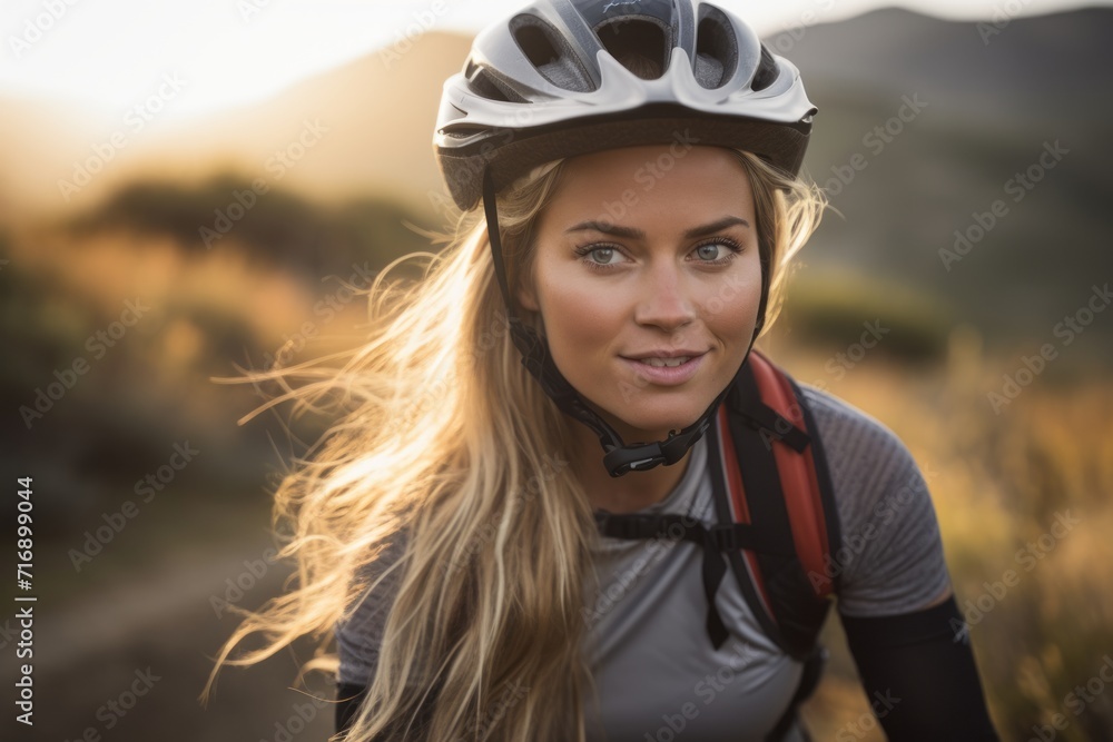 Portrait of a fitness girl in her 20s practicing mountain biking. With generative AI technology Portrait of a fitness girl in her 20s practicing mountain biking. With generative AI technology
