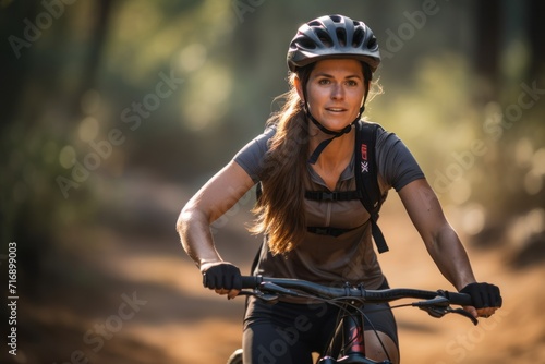 Portrait of a fitness girl in her 20s practicing mountain biking. With generative AI technology