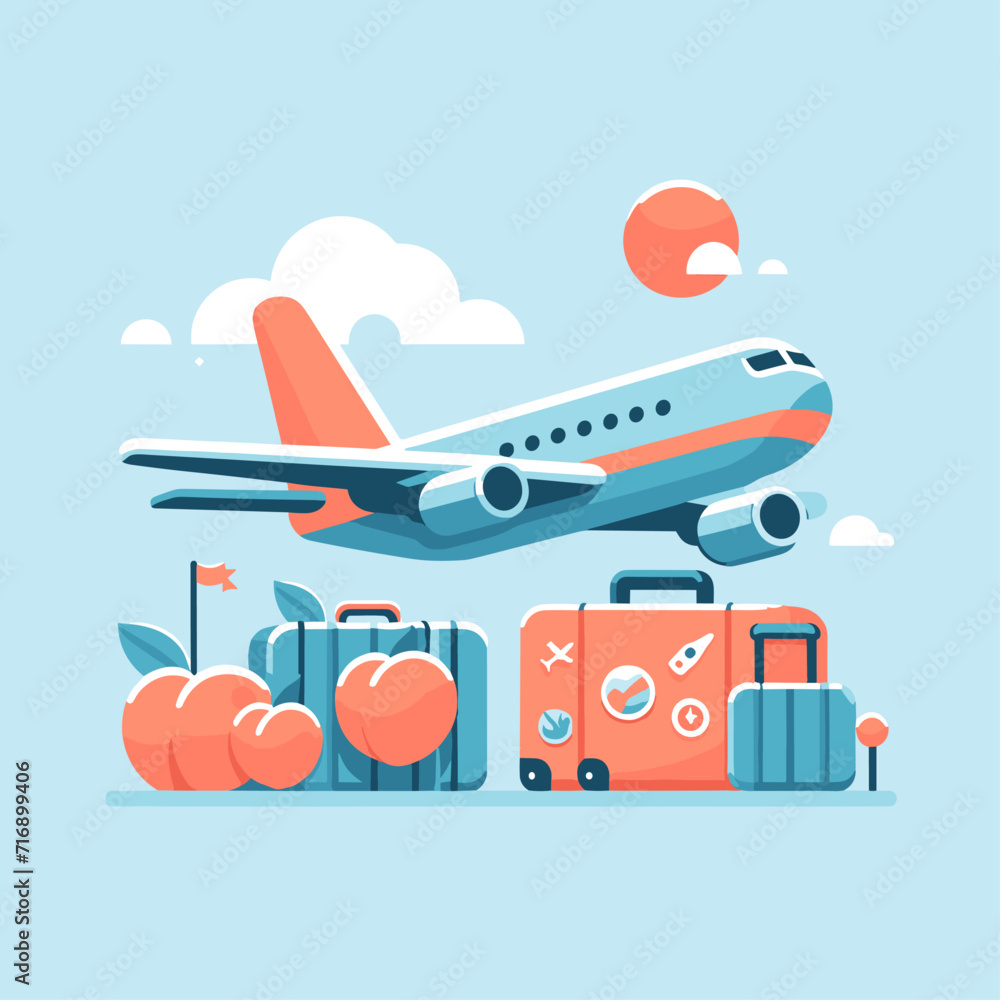 A flat drawing of a vacation trip by plane.  A vector drawing that can be repainted in the desired colors.