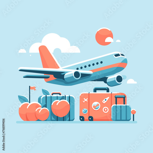 A flat drawing of a vacation trip by plane. A vector drawing that can be repainted in the desired colors.