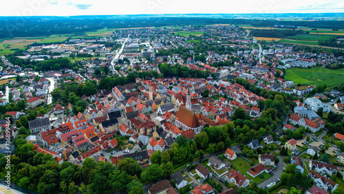 Aerial view of the city Schrobenhausen in Germany on a cloudy day in late Spring