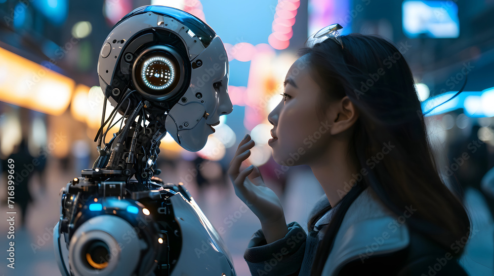 A contemplative woman engaging with a humanoid robot in an urban setting at night. A contemplative woman engaging with a humanoid robot in an urban setting at night.