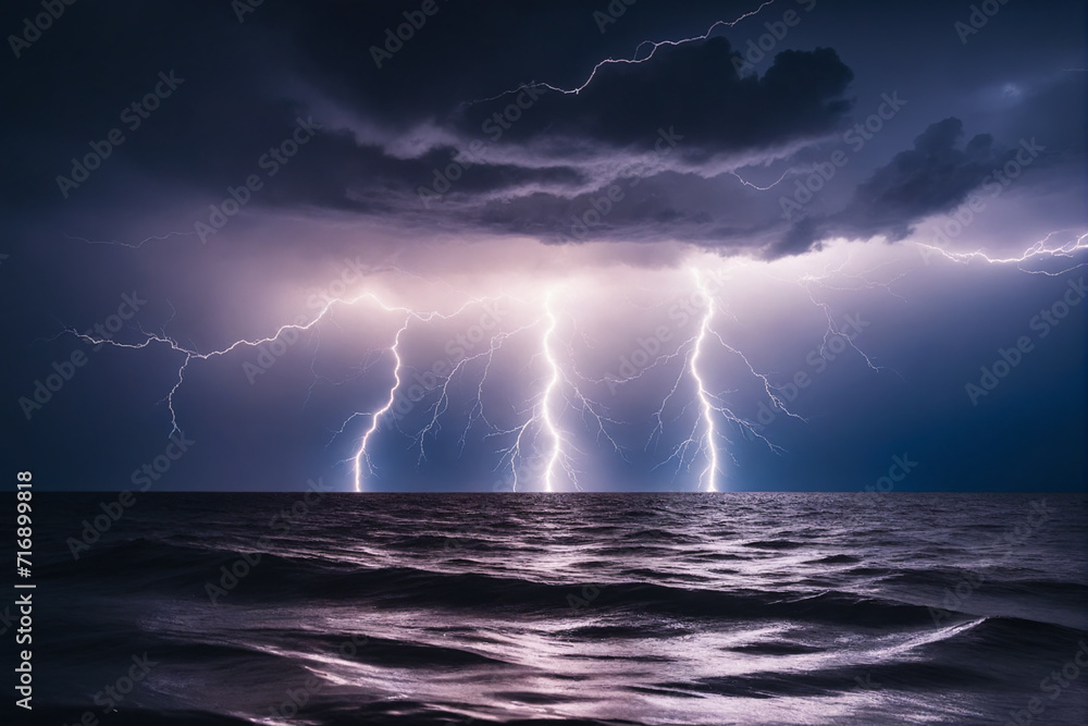 Intense lightning at night, above water