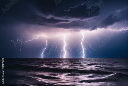 Intense lightning at night, above water