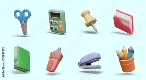 Scissors, calculator, office pin, marker, stapler, pencil cup