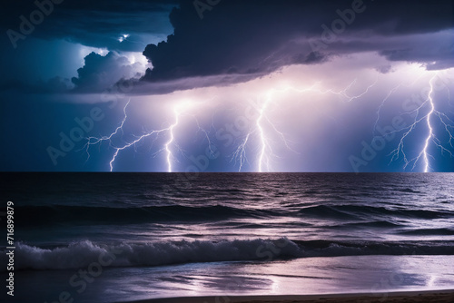 Intense lightning at night  above water