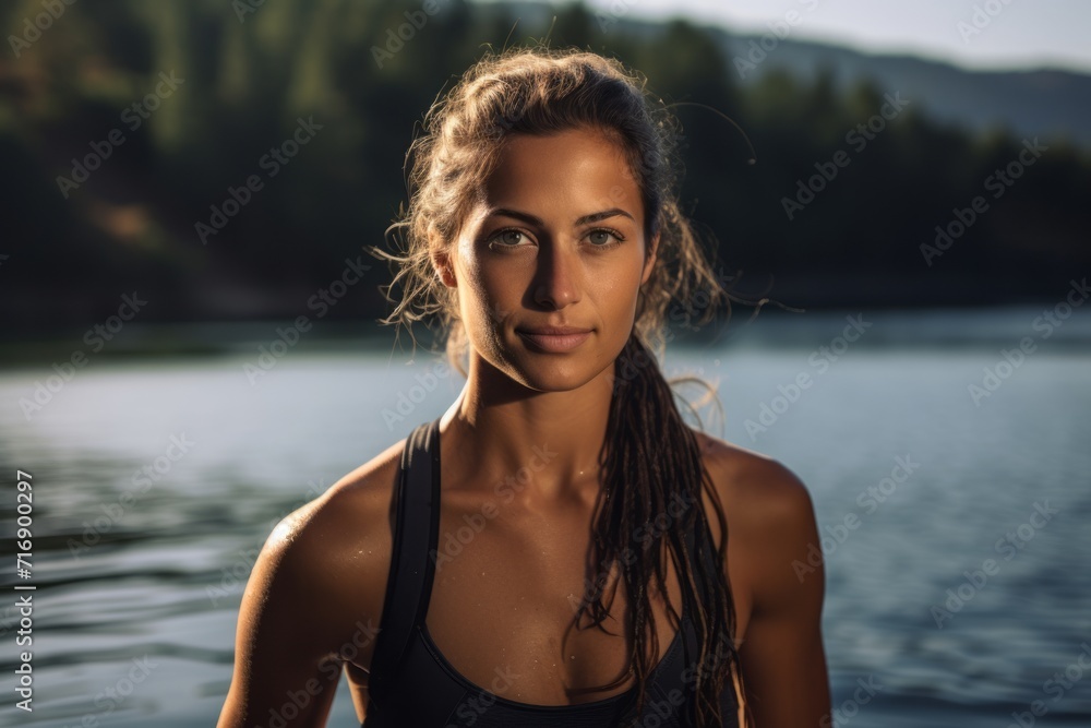 Portrait of a handsome girl in her 30s doing paddle surfing in a lake. With generative AI technology