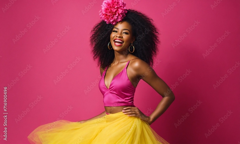 Obraz premium Happy optimistic African American woman in colorful pink and yellow clothes
