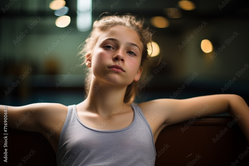 Portrait of an exhausted kid female practicing ballet in a studio. With generative AI technology