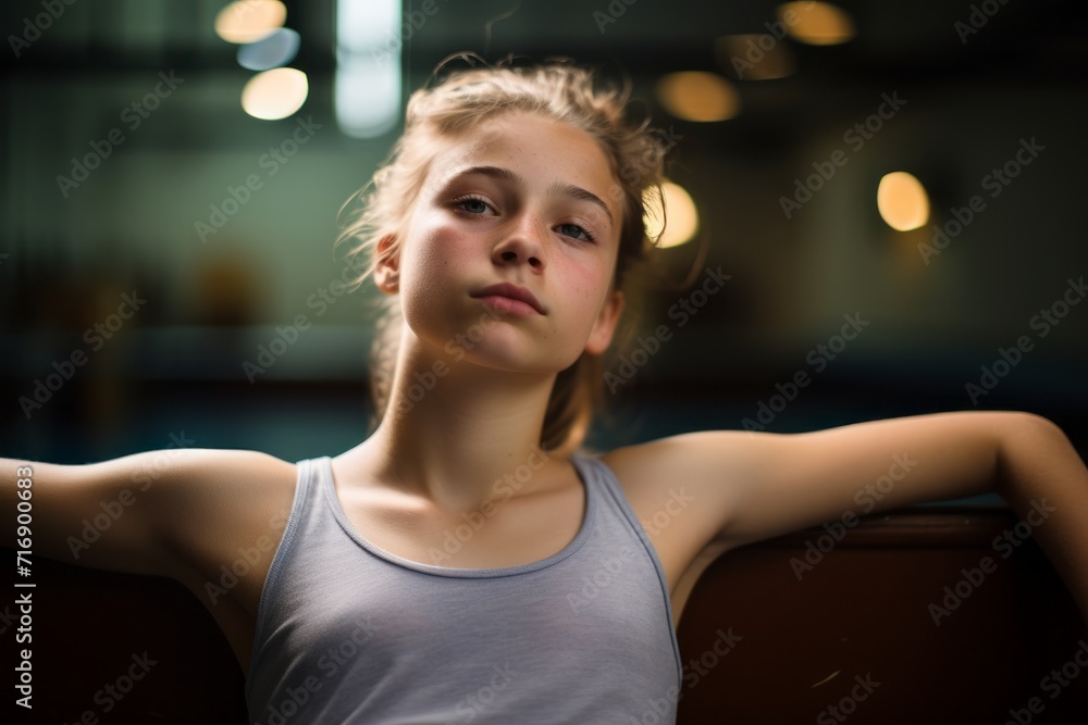 Portrait of an exhausted kid female practicing ballet in a studio. With generative AI technology Portrait of an exhausted kid female practicing ballet in a studio. With generative AI technology