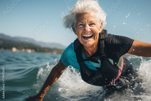 Portrait of an energetic old woman doing paddle surfing in a lake. With generative AI technology © Markus Schröder