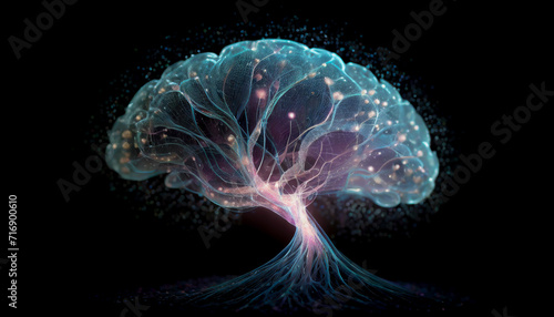 Abstract human brain neural network by colorful light particles flowing isolated on black background in concept A.I. artificial intelligence, science, technology, machine learning, neuroscience.