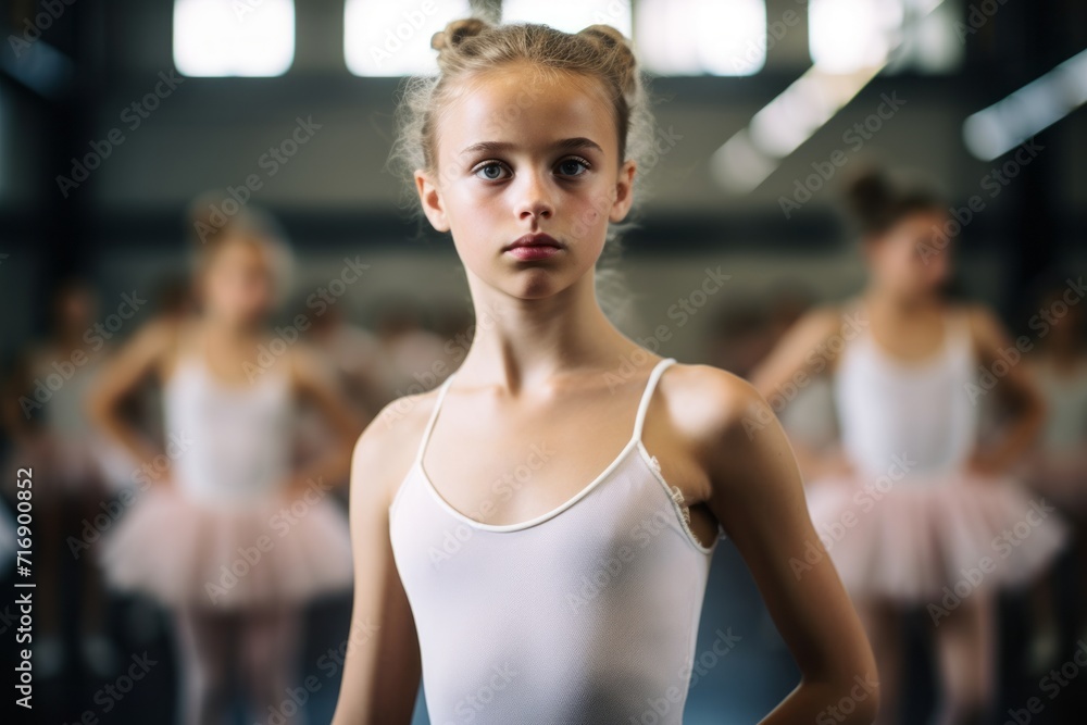 Portrait of a focused kid female practicing ballet in a studio. With generative AI technology