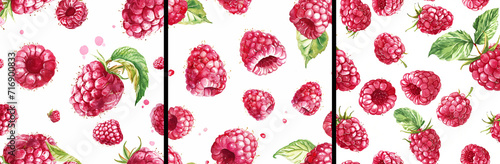 Set of 3 seamless raspberries patterns on a white background. In watercolor style. Repeating background for textile, print and texture. Сoncept of healthy eating, vitamins and vegetarianism