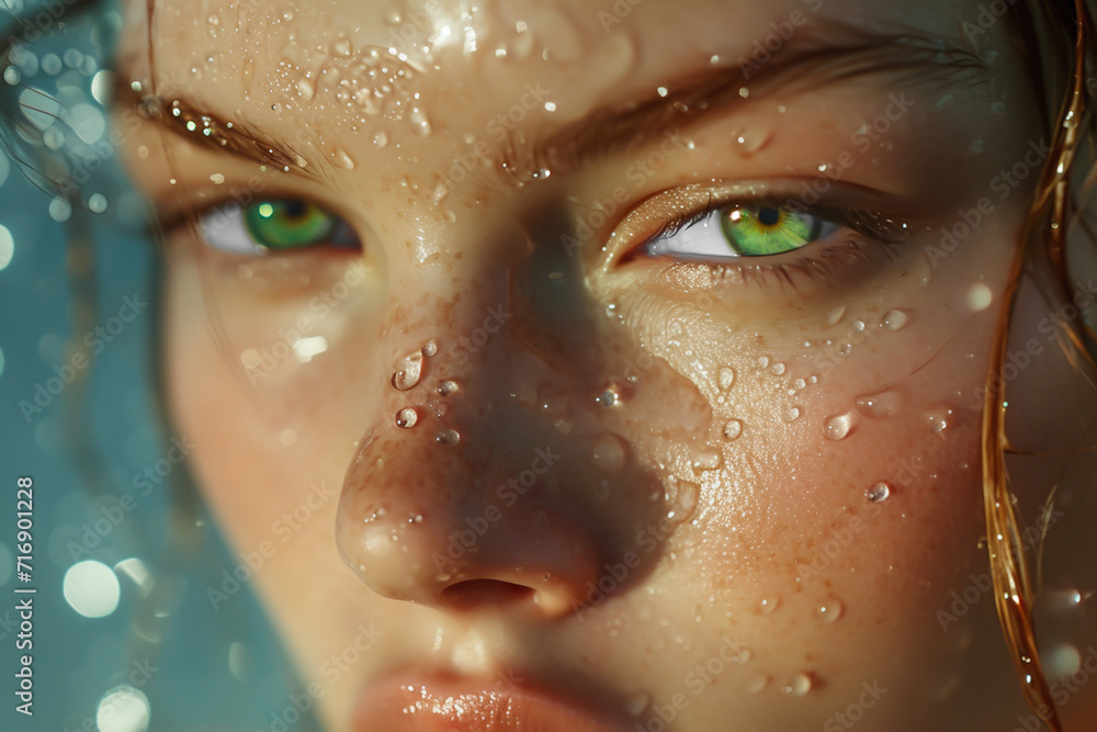 A detailed view of a woman's face, highlighting her captivating green eyes.