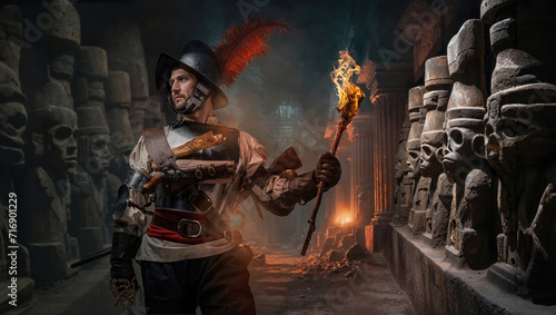 Conquistador with Flaming Torch in Crypt photo