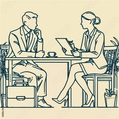 Engaged in a meeting, business professionals sit in a room adorned with icons and a clock. A visual representation of business concepts and ideas.
