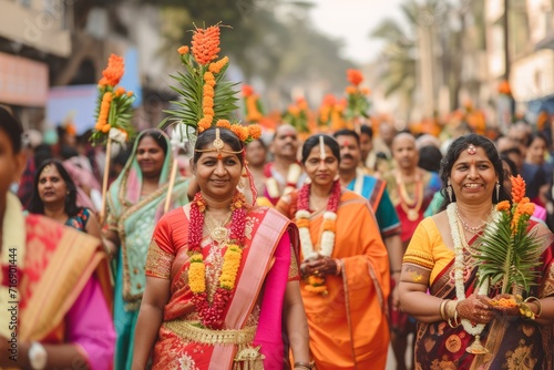 Indian people on procession celebrating Gudi padwa festive