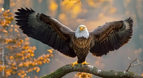 an eagle on a branch flapping its wings photo