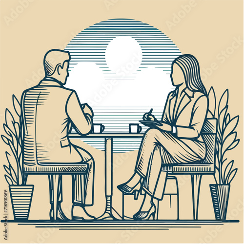 An illustration portraying a group of business individuals seated at a table, utilizing a laptop as part of a business concept.
