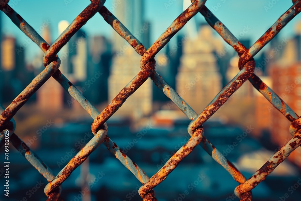Detailed image of a rusted chain link fence with a blurred urban landscape in the background. Detailed image of a rusted chain link fence with a blurred urban landscape in the background.