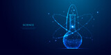 Science chemistry concept. Abstract polygonal laboratory tube and atom symbol with 3D effect. Digital scientific flask and nuclear molecule on blue technology background. Chemical vector illustration.