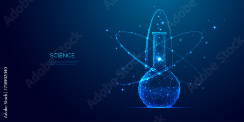 Science chemistry concept. Abstract polygonal laboratory tube and atom symbol with 3D effect. Digital scientific flask and nuclear molecule on blue technology background. Chemical vector illustration. photo