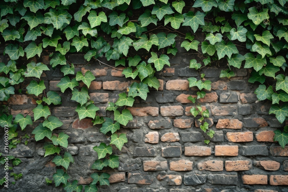 Detailed image of an old brick wall with a creeping ivy, emphasizing the contrast and texture - obrazy, fototapety, plakaty 