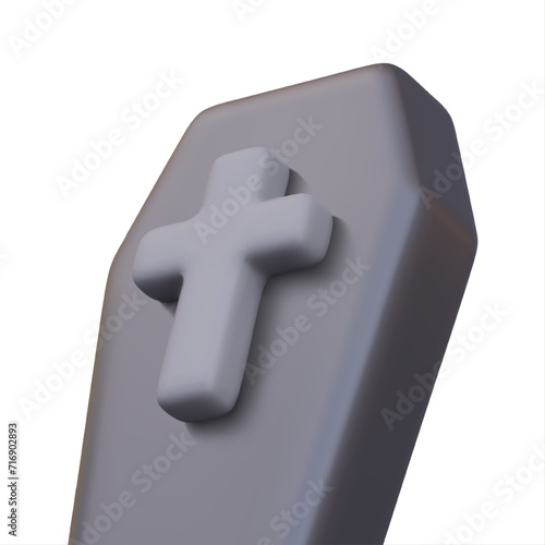 3D lid of black coffin with Christian cross. Vector mockup for Halloween raffles, web decorations. Isolated illustration on white background. Burial concept