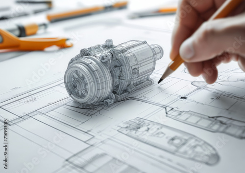 Mechanical Engineer Perfecting a Motor Design in Technical Drawing photo