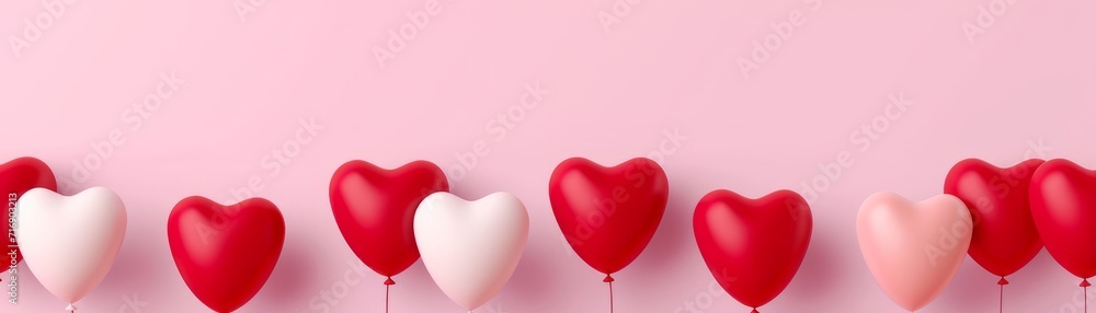 image of a cluster of red and pink heart-shaped balloons floating against a solid pink background.