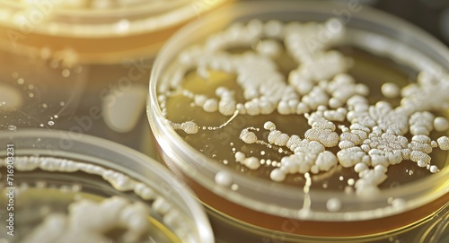 A close-up image of a petri dish with colonies of bacteria growing on it