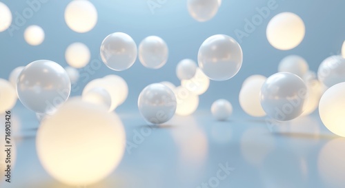 A photorealistic image of a large number of white, spherical objects scattered across a white, reflective floor