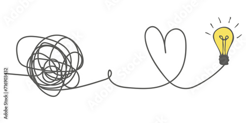 The way to solve a complex idea, mentoring. The concept of confusion turning into a light bulb. Untangle the curve. Understand the meaning. Doodle vector illustration