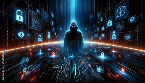 A Hacker with hood, Data protection and cyber security concept. Navigating the Digital Threat Landscape: Addressing the Surge in Cybercrime and Law Enforcement's Role. photo