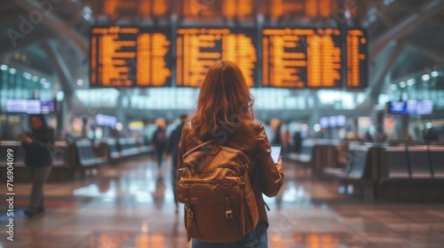 Back view of young woman in international airport, checking flight at the flight information board, Tourist journey trip concept, generative ai