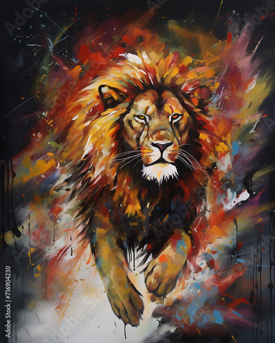 Running lion oil painting artwork - hand painted lion head colorful whimsical watercolor illustration canvas art portrait - zoo animal wildlife jungle king mammal wallpaper background