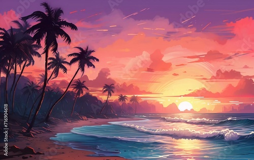 Illustration of a very beautiful sunset on the beach