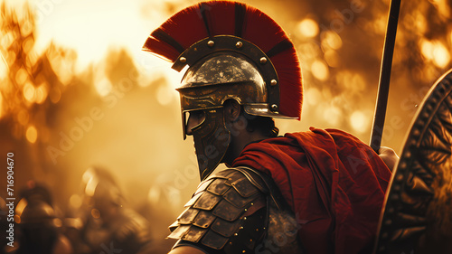 Roman Spartan Infantryman in Armor with Spear at Hand photo