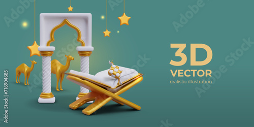 Festive Ramadan banner. 3D Koran on gold stand, oriental figured arch, camel, ketupat, stars