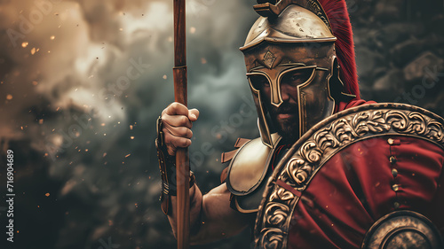 Roman Spartan Infantryman in Armor with Spear at Hand