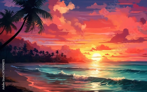 Illustration of a very beautiful sunset on the beach