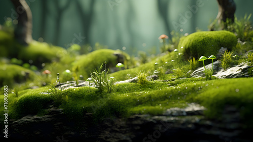 Green moss grown up cover the rough stones and on the floor in the forest Mystic atmosphere 