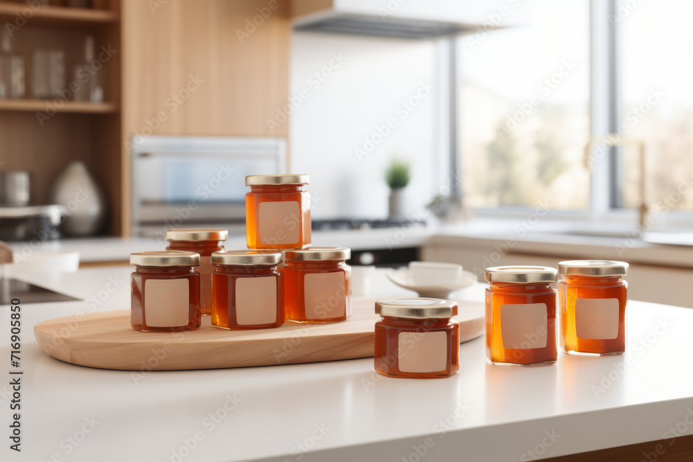 Many jars of honey with empty labels on a table in bright kitchen. Many jars of honey with empty labels on a table in bright kitchen.