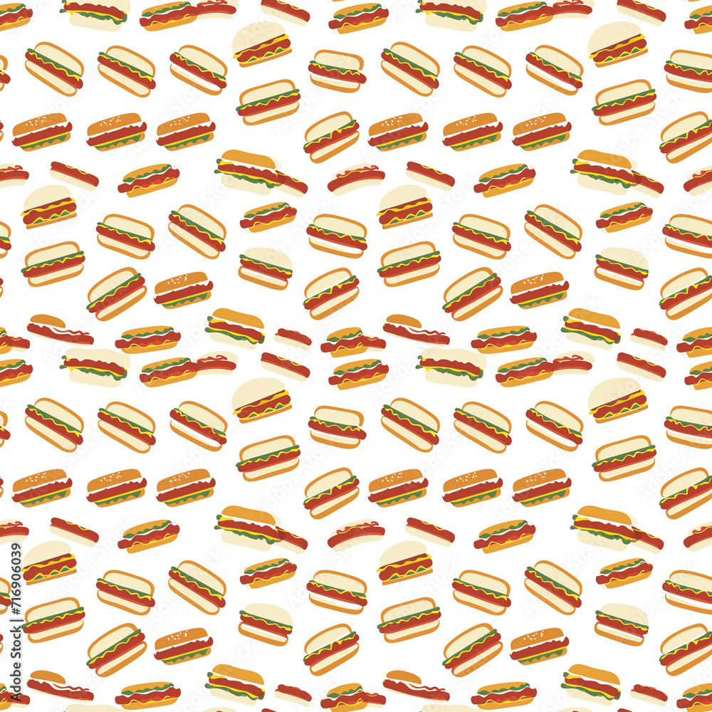Hot dogs and hamburgers seamless pattern. Gift wrapping, wallpaper, background. Independence Day (4th of July) Hot dogs and hamburgers seamless pattern. Gift wrapping, wallpaper, background. Independence Day (4th of July)