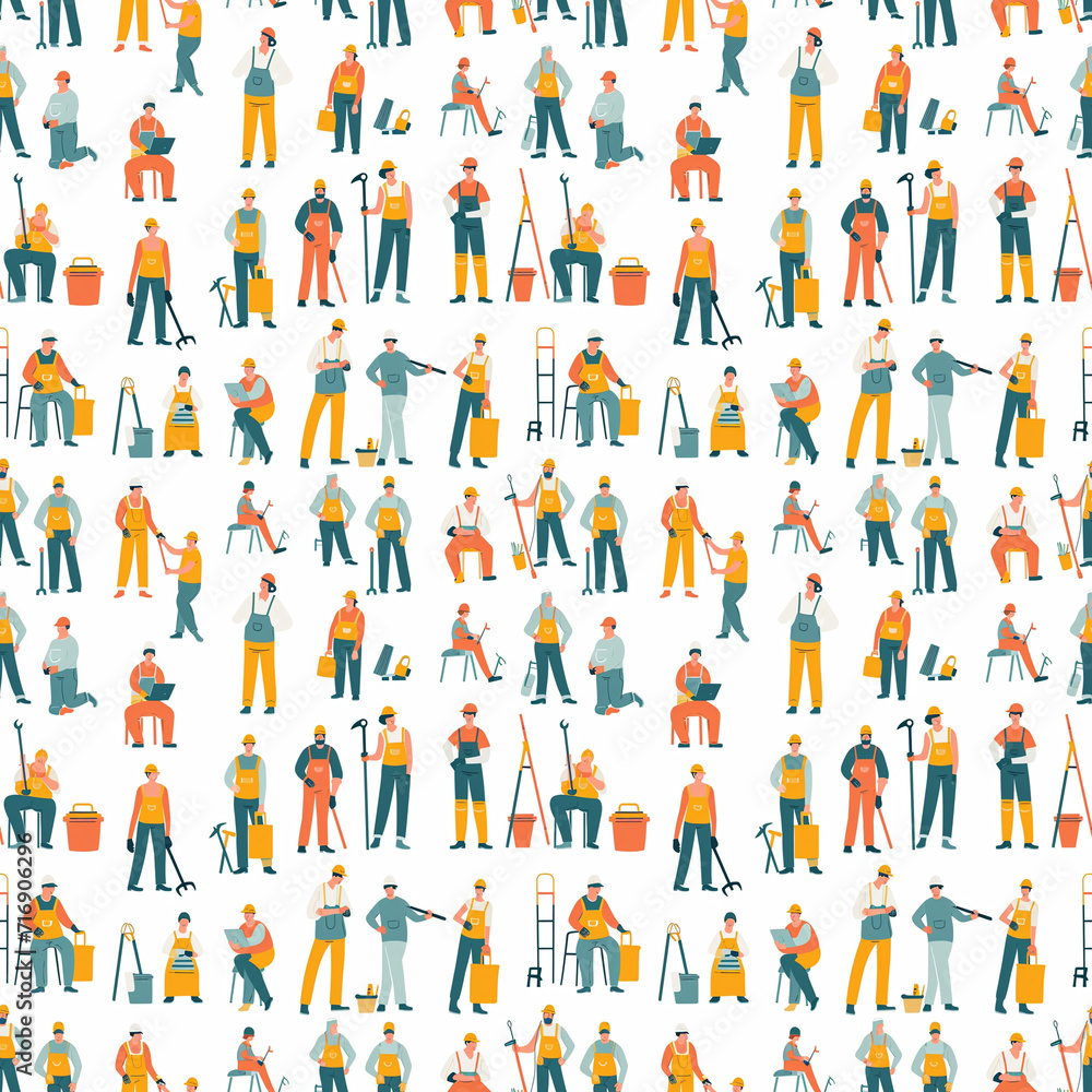 Workers with tools seamless pattern. Gift wrapping, wallpaper, background. Labor Day