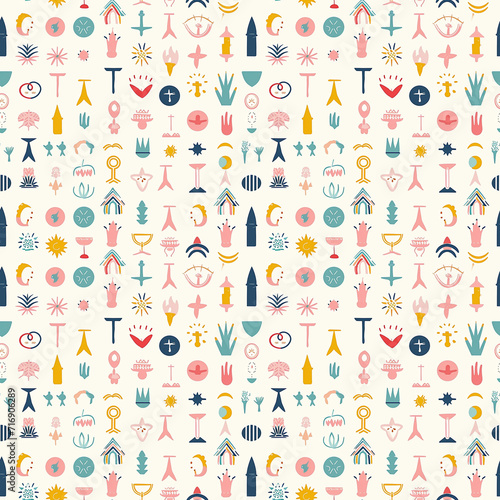 Interfaith collaboration symbols seamless pattern. Gift wrapping, wallpaper, background. National Day of Prayer © Olezhan