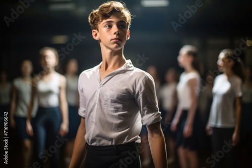 Portrait of a concentrated boy in his 30s practicing ballet in a studio. With generative AI technology