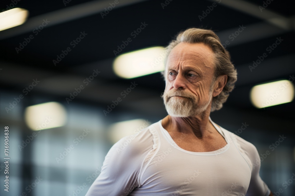 Portrait of a focused mature man practicing ballet in a studio. With generative AI technology Portrait of a focused mature man practicing ballet in a studio. With generative AI technology