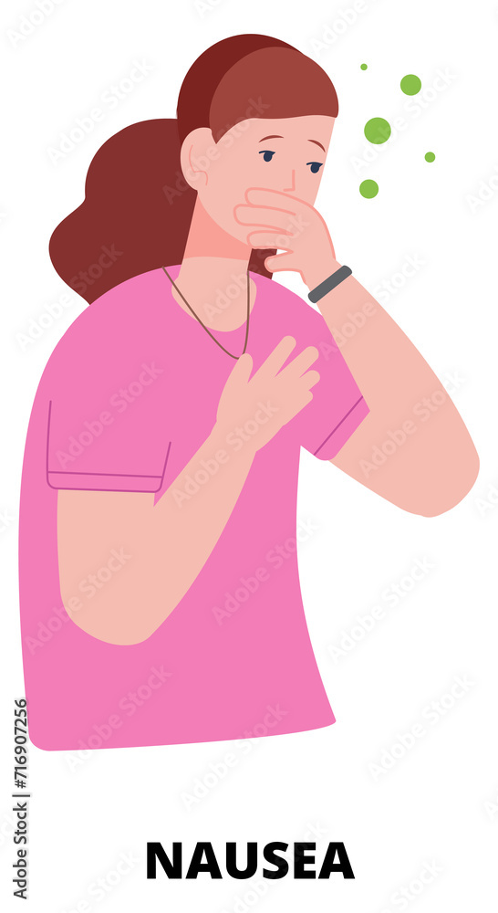 Nausea symptom. Vomiting sickness. Woman with stomach problem Nausea symptom. Vomiting sickness. Woman with stomach problem